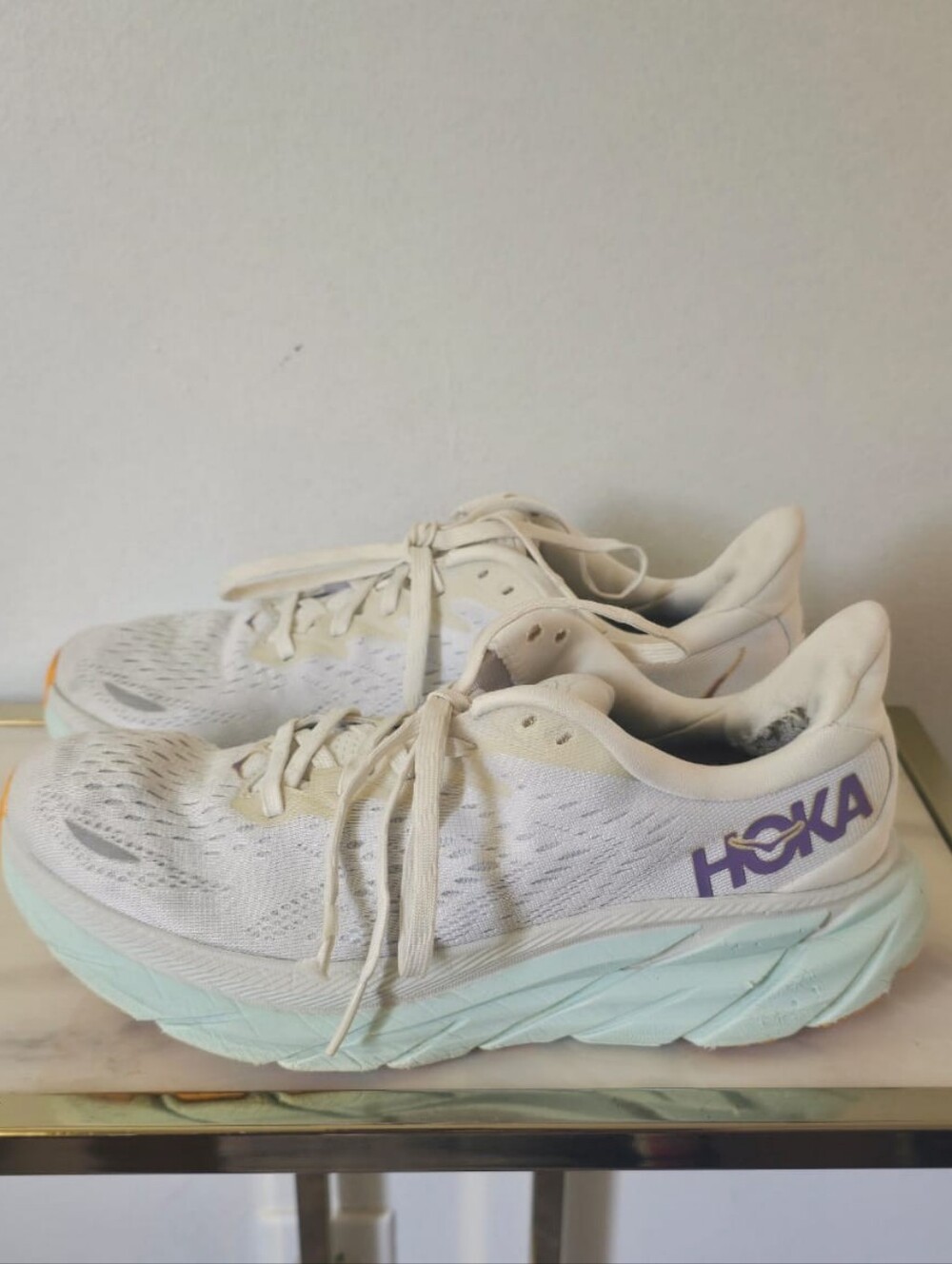 Hoka Women's White Running Shoes with Mint Sole and Purple Logo